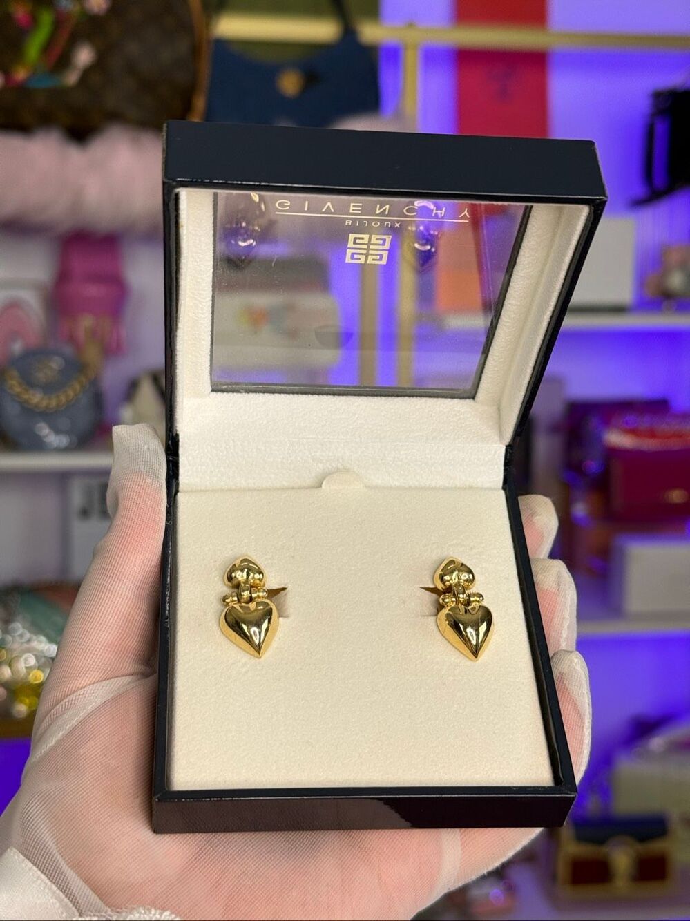 New In Box Vintage Givenchy Gold Plated Heart Drop earrings Clip on